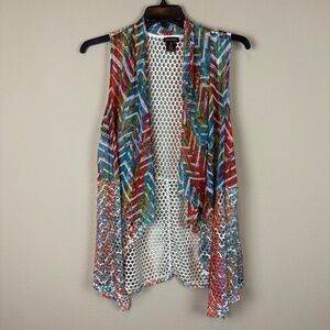 Multiples Multicolored Mesh-Like Open Front Asymmetrical Vest Cover Up; Size M